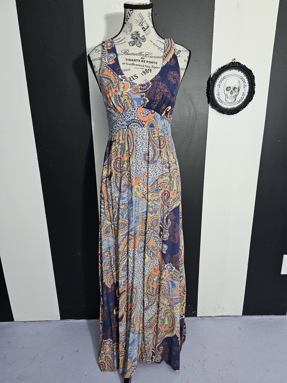 Vintage Navy and Orange Paisley Maxi Dress